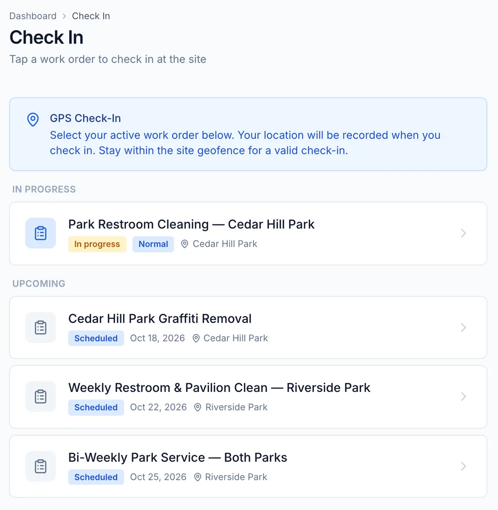 FieldRova check-in screen as a technician sees it: only their own assigned jobs, in progress and upcoming, with GPS check-in at the site