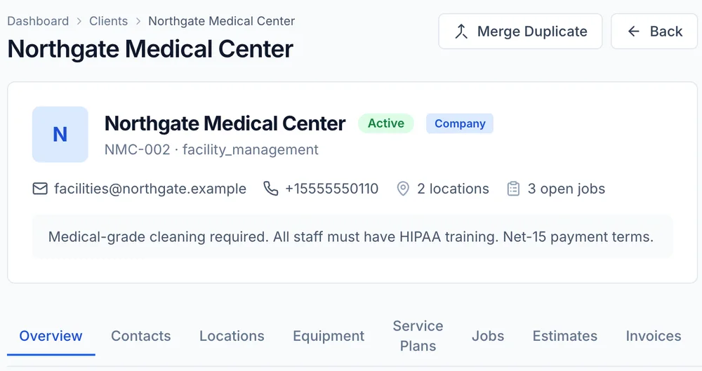 FieldRova client record with billing contact, status, location and open job counts, and tabs for contacts, locations, equipment, service plans, jobs, estimates and invoices