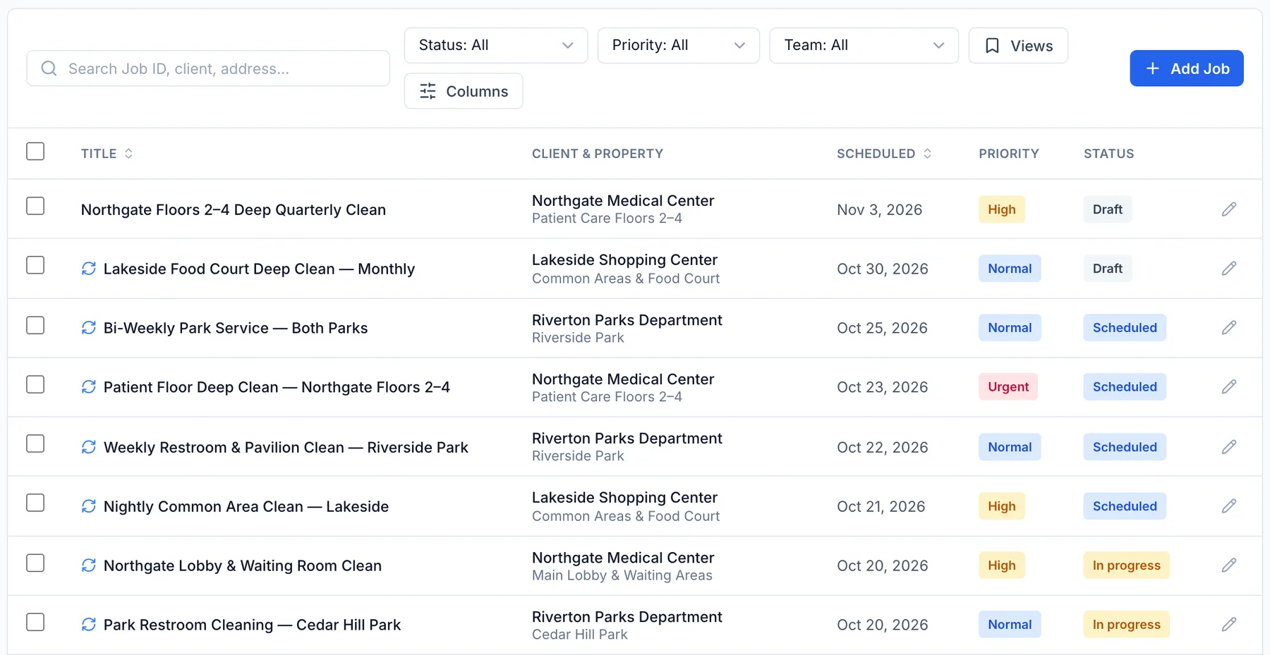 FieldRova jobs list with client and property, schedule date, priority and status for each job